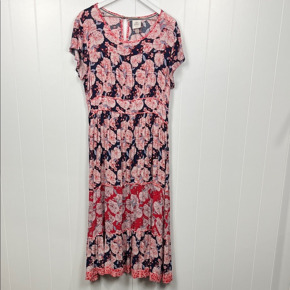 Knox Rose Womens Maxi Dress XL Navy Pink Floral Print Cap Sleeves Tier Ruffles